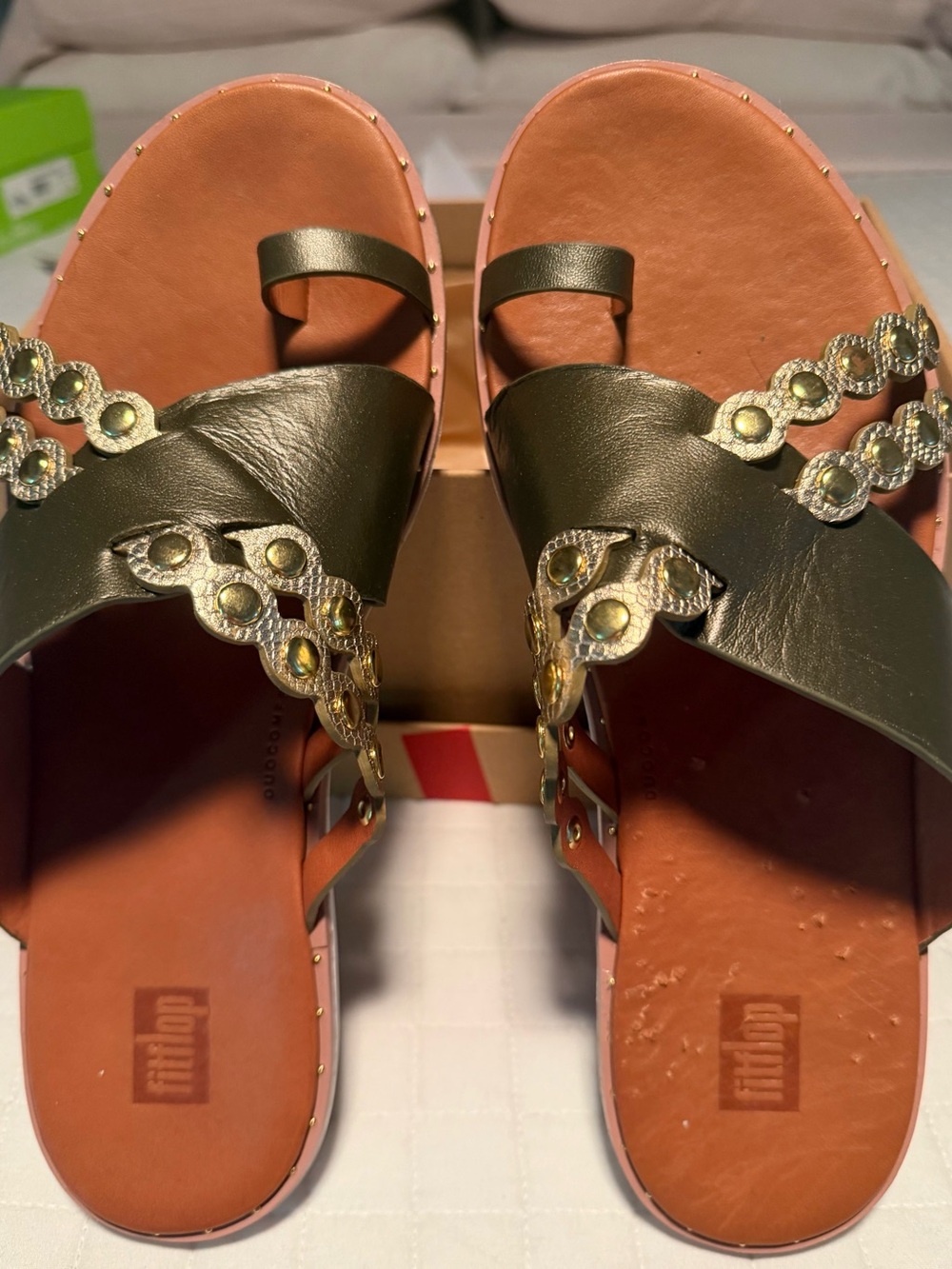 FitFlop Olive Green Leather Jewel-Embellished Slide Sandals